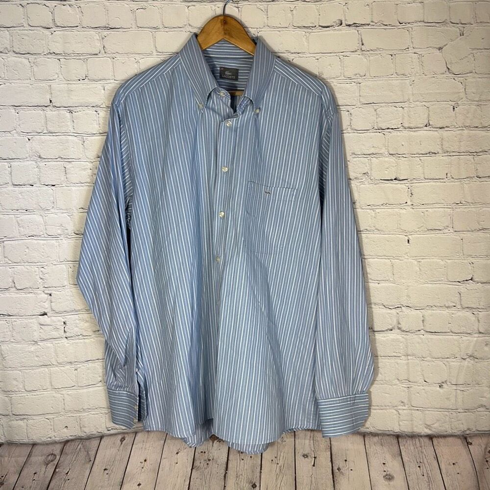 Lacoste Mens Cotton Blue White Striped Button Down Shirt size 46 F4071